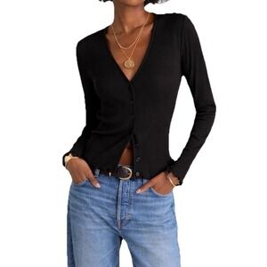 Madewell Jet Black Lettuce-Hem V-Neck Ribbed Cardigan Shirt Women's L NWT $58